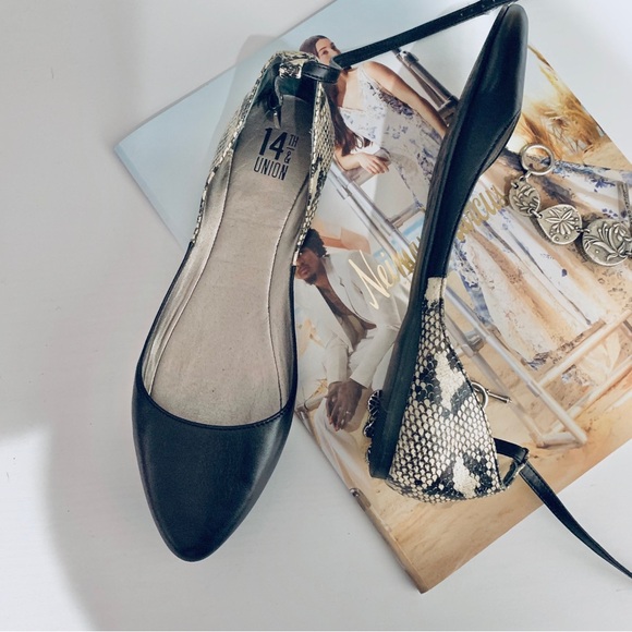 14TH & UNION POINTED TOE LEATHER FLATS ANIMAL PRINT ANKLE STRAP FLATS - Picture 9 of 10